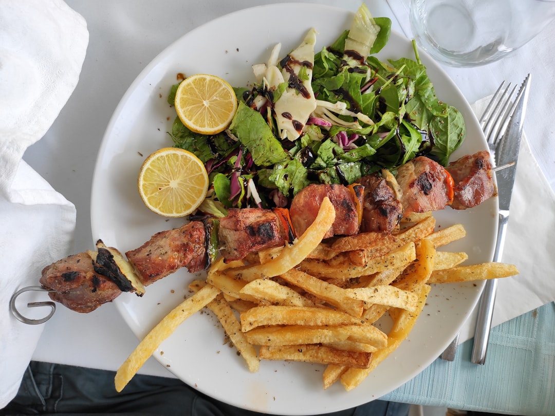 Traditional Greek food spread on a taverna table in Athens