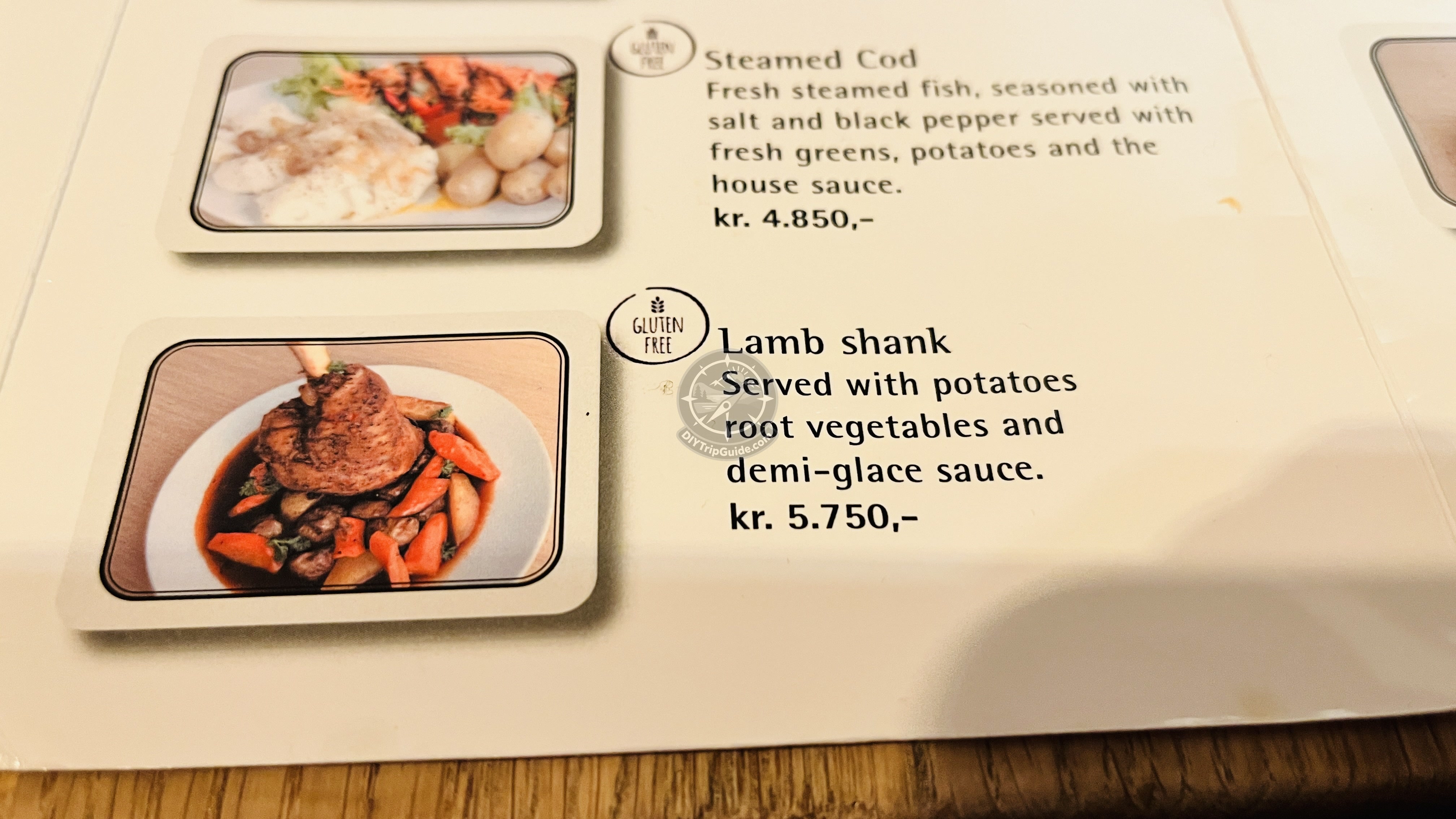 Cafe Loki menu showing the lamb shank with potatoes and root vegetables, listed at 5,750 kr.