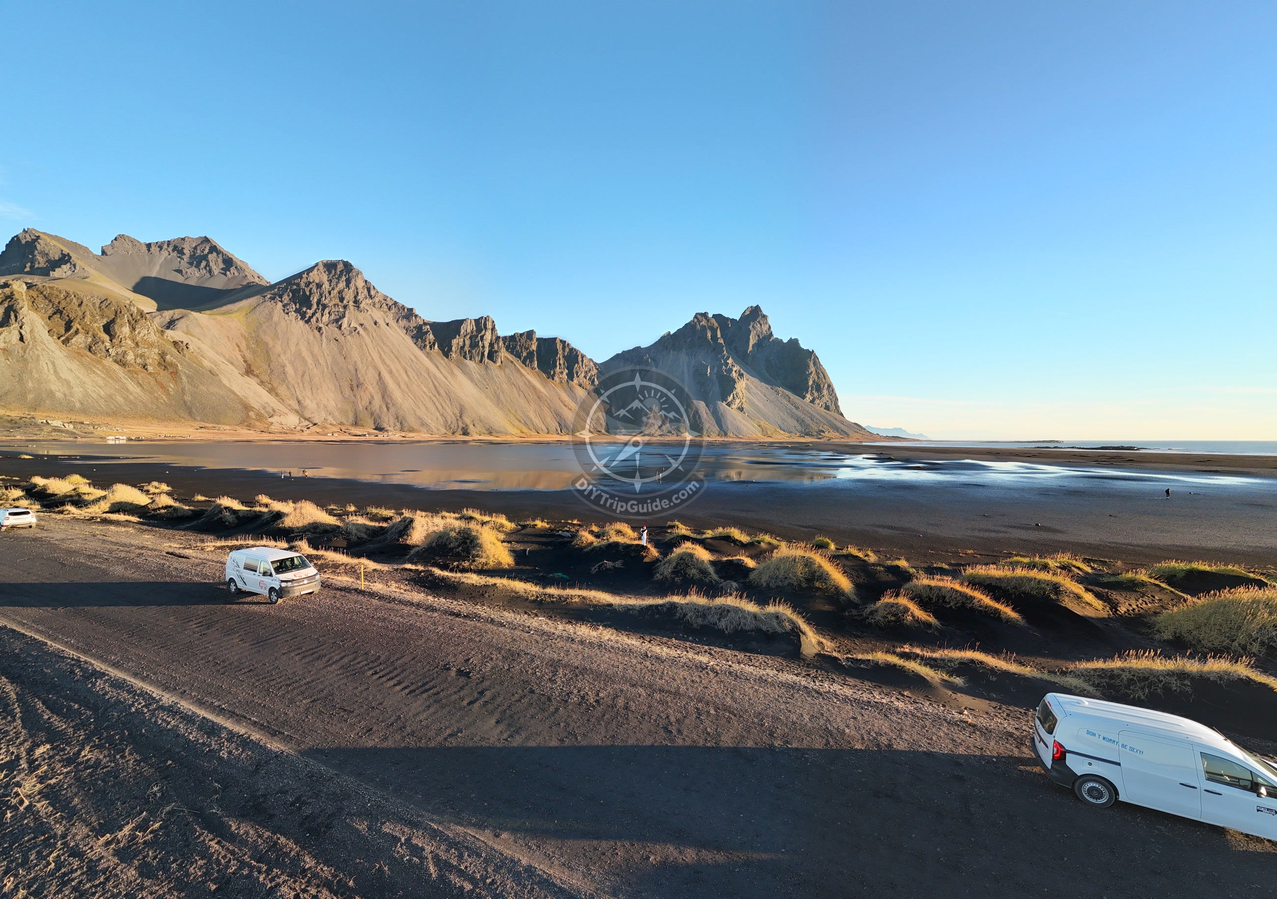 Aerial view near the Viking Village and Vestrahorn area, where local permission matters before launching.