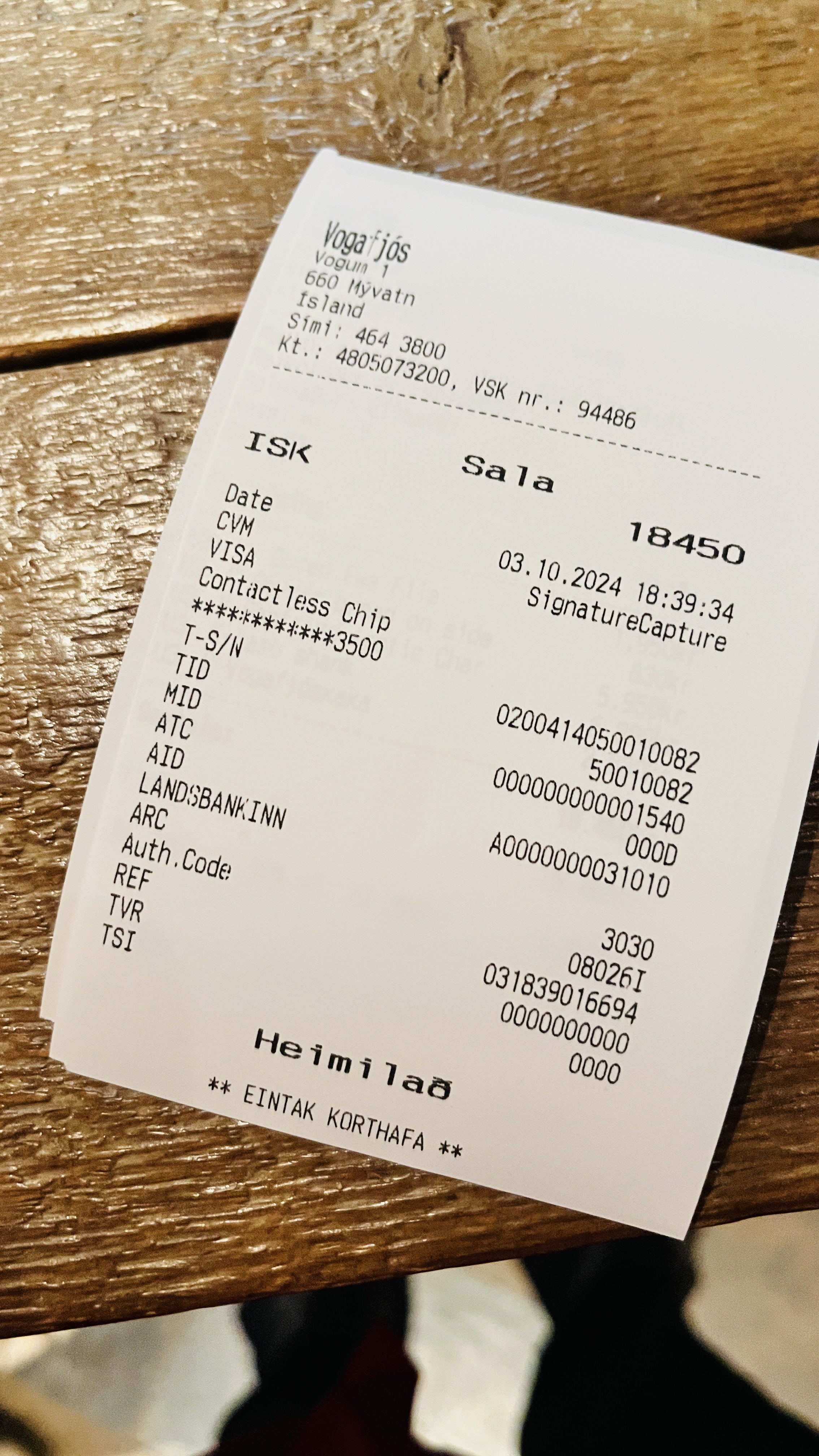 Vogafjós farm restaurant receipt near Mývatn