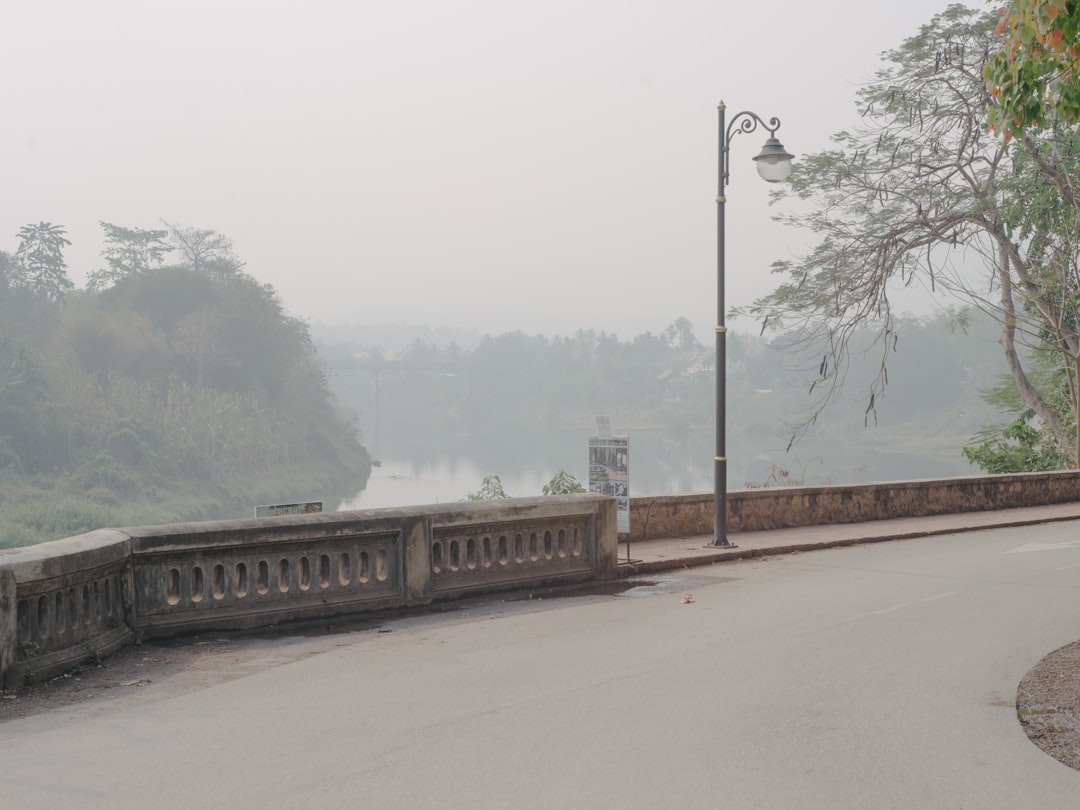 Mekong River view from Luang Prabang with traditional boats and green hills