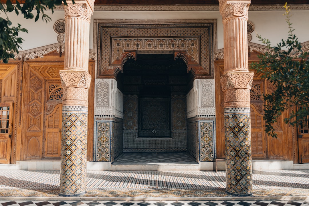 Lush garden courtyard with a fountain in Marrakech during spring