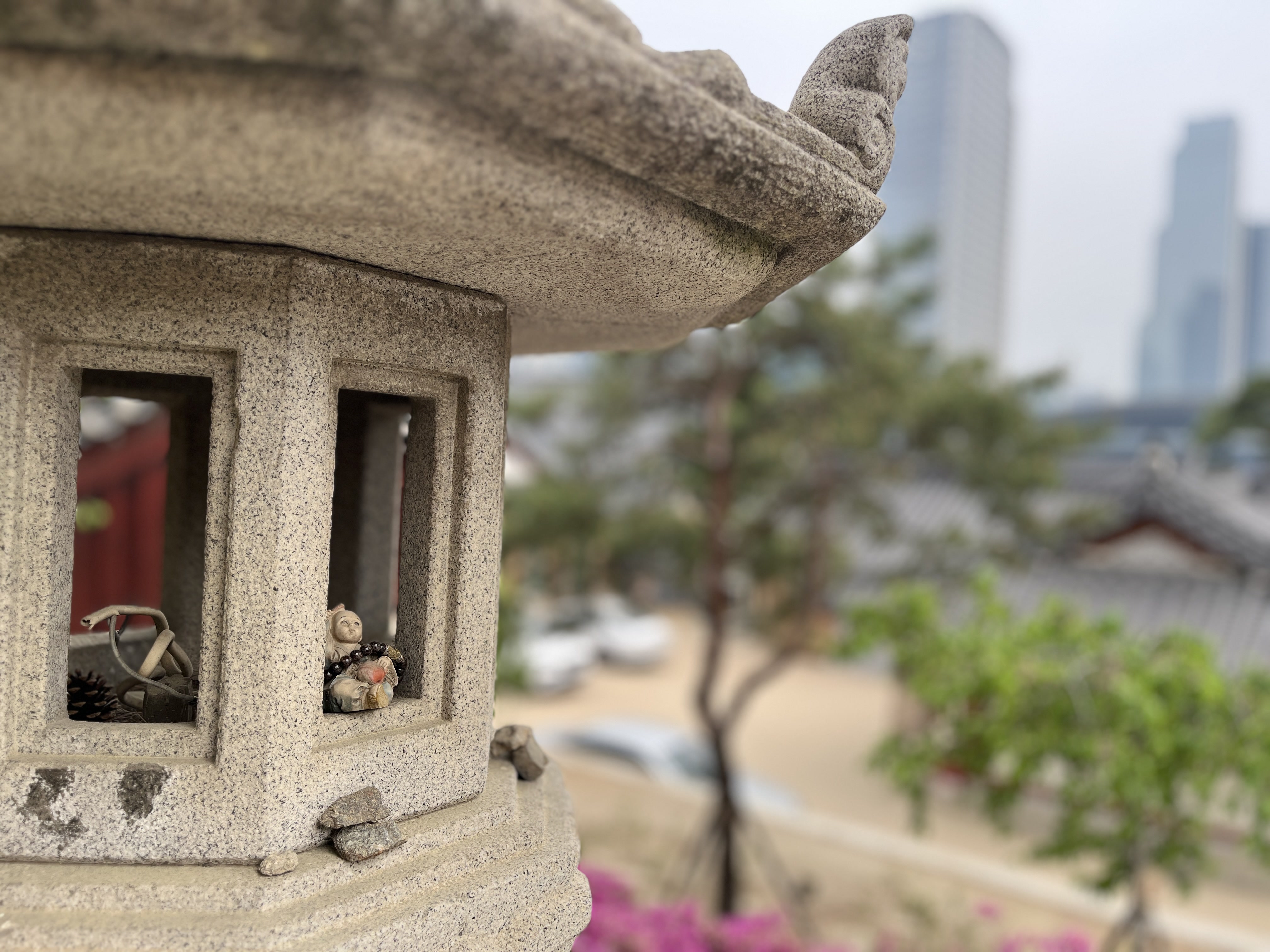 Bongeunsa Temple in Gangnam with traditional Korean architecture surrounded by modern buildings